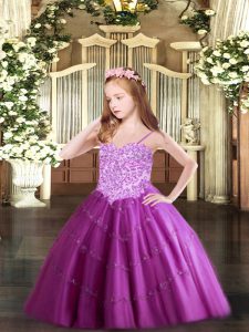 Charming Fuchsia Ball Gowns Appliques Little Girls Pageant Dress Lace Up Tulle Sleeveless Floor Length