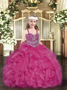 Fuchsia Sleeveless Organza Lace Up Little Girls Pageant Dress Wholesale for Party and Quinceanera