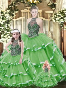 Great Floor Length Lace Up Sweet 16 Dresses Green for Military Ball and Sweet 16 and Quinceanera with Beading and Ruffle