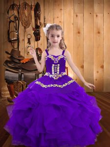 Beautiful Sleeveless Lace Up Floor Length Embroidery and Ruffles Little Girls Pageant Gowns