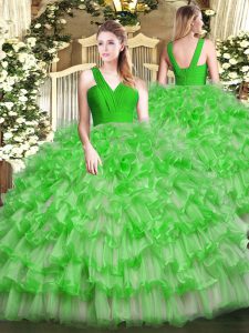 Wonderful Green 15 Quinceanera Dress Military Ball and Sweet 16 and Quinceanera with Ruffled Layers V-neck Sleeveless Zi