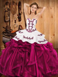 High Quality Strapless Sleeveless Satin and Organza Quinceanera Gown Embroidery and Ruffles Lace Up