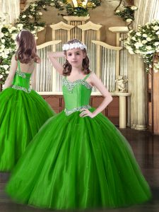 Sleeveless Tulle Floor Length Lace Up Pageant Dress for Teens in Green with Beading