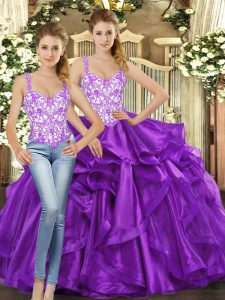 Eggplant Purple Quinceanera Dress Military Ball and Sweet 16 and Quinceanera with Beading and Ruffles Straps Sleeveless 