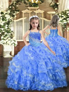 Graceful Sleeveless Floor Length Beading and Ruffled Layers Lace Up Glitz Pageant Dress with Baby Blue