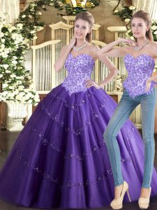 Purple Ball Gowns Tulle Sweetheart Sleeveless Beading Floor Length Lace Up 15 Quinceanera Dress