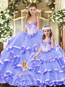 Lavender Tulle Lace Up Ball Gown Prom Dress Sleeveless Floor Length Beading and Ruffled Layers