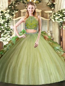 High-neck Sleeveless Tulle Quince Ball Gowns Beading and Ruffles Zipper