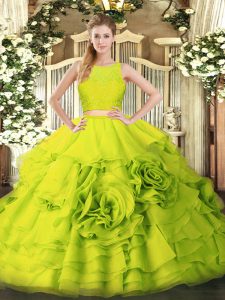 Hot Selling Yellow Green Sweet 16 Quinceanera Dress Military Ball and Sweet 16 and Quinceanera with Ruffles Scoop Sleeve