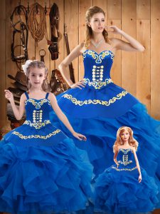 Blue Lace Up Vestidos de Quinceanera Embroidery Sleeveless Floor Length