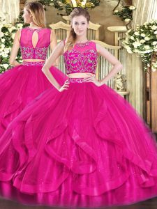 Exceptional Hot Pink Tulle Zipper 15th Birthday Dress Sleeveless Floor Length Beading and Ruffles
