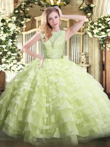 High End Yellow Green Organza Backless Scoop Sleeveless Floor Length Vestidos de Quinceanera Lace and Ruffled Layers