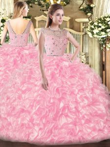 Beading and Ruffles Quinceanera Dresses Rose Pink Zipper Sleeveless Floor Length