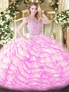 Lilac Zipper Quinceanera Dresses Beading and Ruffled Layers Sleeveless Sweep Train