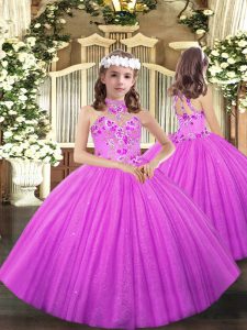 Ball Gowns Little Girls Pageant Dress Wholesale Lilac Halter Top Tulle Sleeveless Floor Length Lace Up