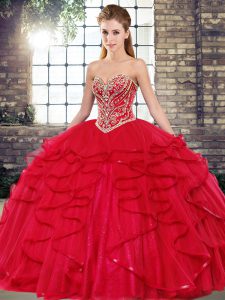 Ideal Red Tulle Lace Up Quinceanera Gowns Sleeveless Floor Length Beading and Ruffles
