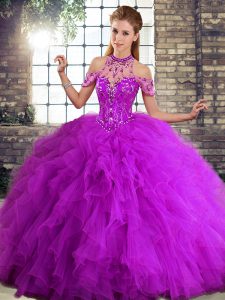 Purple Ball Gowns Beading and Ruffles Quinceanera Dresses Lace Up Tulle Sleeveless Floor Length