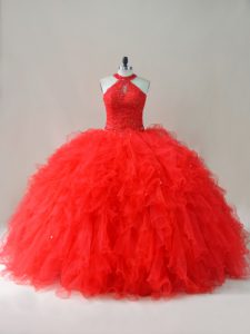 Halter Top Sleeveless Quinceanera Gowns Floor Length Beading and Ruffles Red Tulle