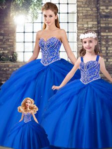 Great Royal Blue Sweetheart Lace Up Beading and Pick Ups Sweet 16 Dress Brush Train Sleeveless