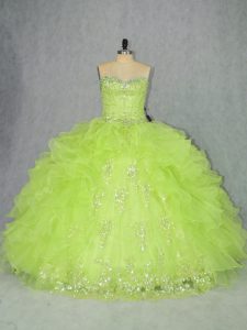 Designer Yellow Green Sweetheart Lace Up Beading and Ruffles Quinceanera Gown Sleeveless