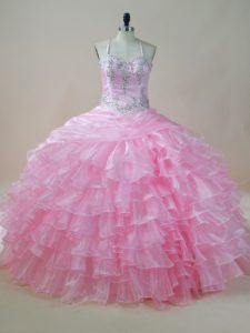 High Quality Baby Pink Ball Gowns Organza Halter Top Sleeveless Embroidery and Ruffled Layers Floor Length Lace Up Vesti