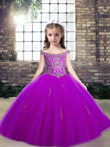 Cute Purple Sleeveless Floor Length Appliques Lace Up Pageant Gowns For Girls