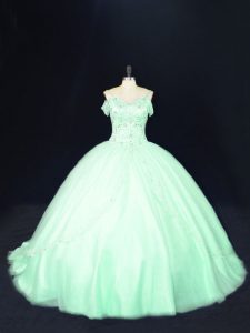 Off The Shoulder Sleeveless Court Train Lace Up Sweet 16 Quinceanera Dress Apple Green Tulle