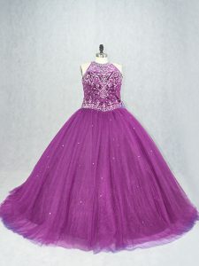 Ideal Scoop Sleeveless Sweet 16 Quinceanera Dress Beading Purple Tulle