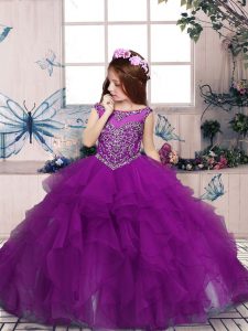 Classical Sleeveless Floor Length Beading Zipper Little Girl Pageant Dress with Purple