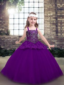 Sleeveless Floor Length Beading Lace Up Evening Gowns with Purple