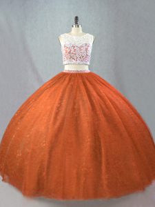 Enchanting Rust Red Two Pieces Tulle Scoop Sleeveless Beading Floor Length Zipper Quinceanera Gown