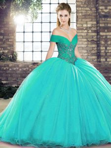 Nice Turquoise 15 Quinceanera Dress Off The Shoulder Sleeveless Brush Train Lace Up
