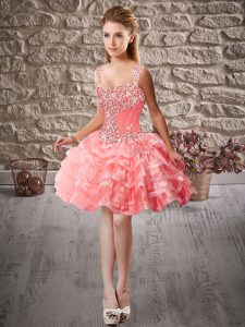 Glamorous Watermelon Red Sleeveless Beading and Ruffled Layers Mini Length Evening Dress
