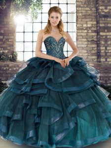 Fashionable Teal Sleeveless Tulle Lace Up Sweet 16 Dress for Military Ball and Sweet 16 and Quinceanera