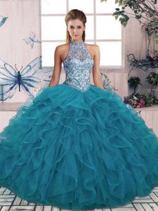 High Quality Teal Ball Gowns Beading and Ruffles Ball Gown Prom Dress Lace Up Tulle Sleeveless Floor Length