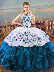 Amazing Floor Length Lace Up Quinceanera Gown Blue And White for Sweet 16 and Quinceanera with Embroidery