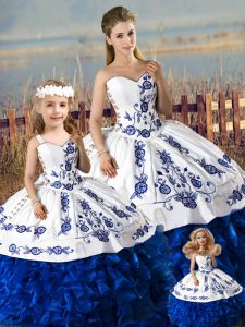 Modern Blue And White Lace Up Sweetheart Embroidery and Ruffles Sweet 16 Dress Organza Sleeveless