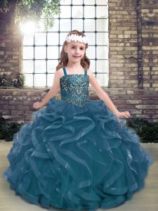 Superior Blue Ball Gowns Tulle Straps Sleeveless Beading and Ruffles Floor Length Lace Up Child Pageant Dress