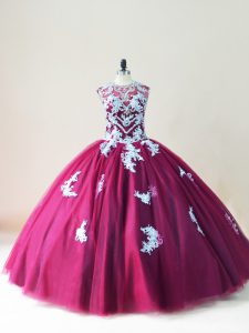 Dramatic Burgundy Tulle Lace Up Scoop Sleeveless Floor Length Sweet 16 Dresses Beading and Appliques