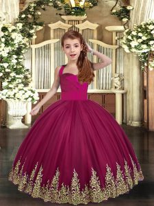 Burgundy Ball Gowns Embroidery Little Girls Pageant Dress Lace Up Tulle Sleeveless Floor Length