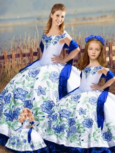 Fashion Blue And White Sleeveless Floor Length Embroidery and Ruffles Lace Up Quinceanera Gown