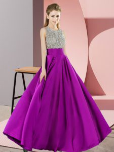 Sleeveless Floor Length Beading Backless Prom Party Dress with Purple