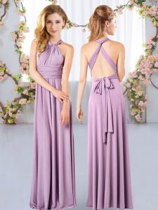 Beautiful Lavender Criss Cross Halter Top Ruching Dama Dress for Quinceanera Chiffon Sleeveless