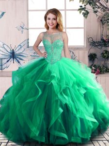 Colorful Green Ball Gowns Beading and Ruffles Sweet 16 Dresses Lace Up Tulle Sleeveless Floor Length