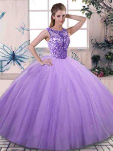 Sweet Lavender Tulle Lace Up Quince Ball Gowns Sleeveless Floor Length Beading