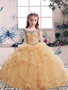 Superior Sleeveless Tulle Floor Length Lace Up Kids Formal Wear in Peach with Beading and Ruffles