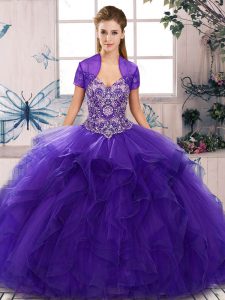 Comfortable Floor Length Lace Up 15 Quinceanera Dress Purple for Military Ball and Sweet 16 and Quinceanera with Beading