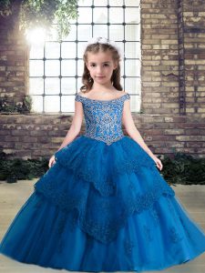Dramatic Blue Tulle Lace Up Pageant Dress for Girls Sleeveless Floor Length Beading and Appliques