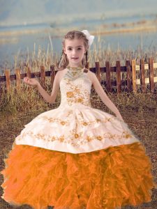 Floor Length Lace Up Pageant Dress Wholesale Orange Red for Wedding Party with Beading and Embroidery and Ruffles