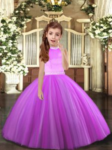 Lilac Ball Gowns Halter Top Sleeveless Tulle Floor Length Backless Beading Pageant Gowns